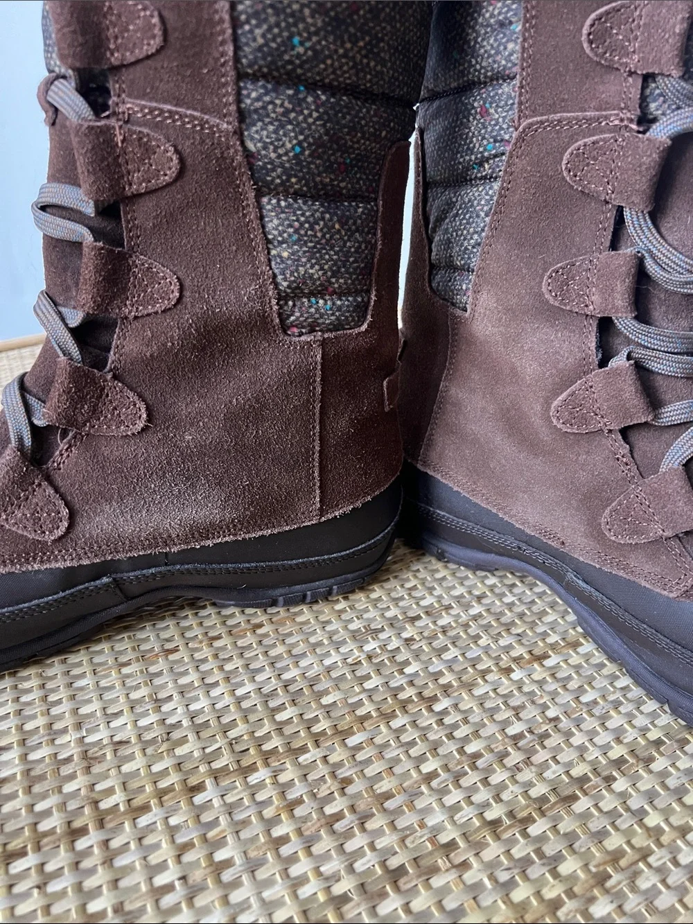 The North Face Nuptse Purna winter boots brown suede multi tweed faux fur 8.5